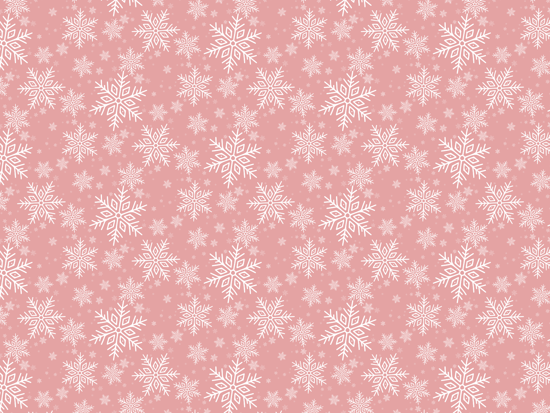 Repeating Surface Pattern Design of various sizes of white hand-drawn snowflakes on a medium pink background.
